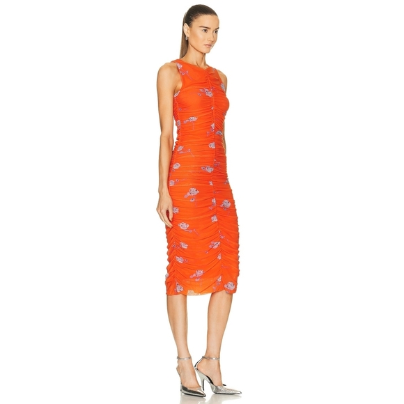 New Ganni Printed Mesh Ruched Sleeveless Midi Sun Dress 36/4 Sundress - Picture 2 of 14